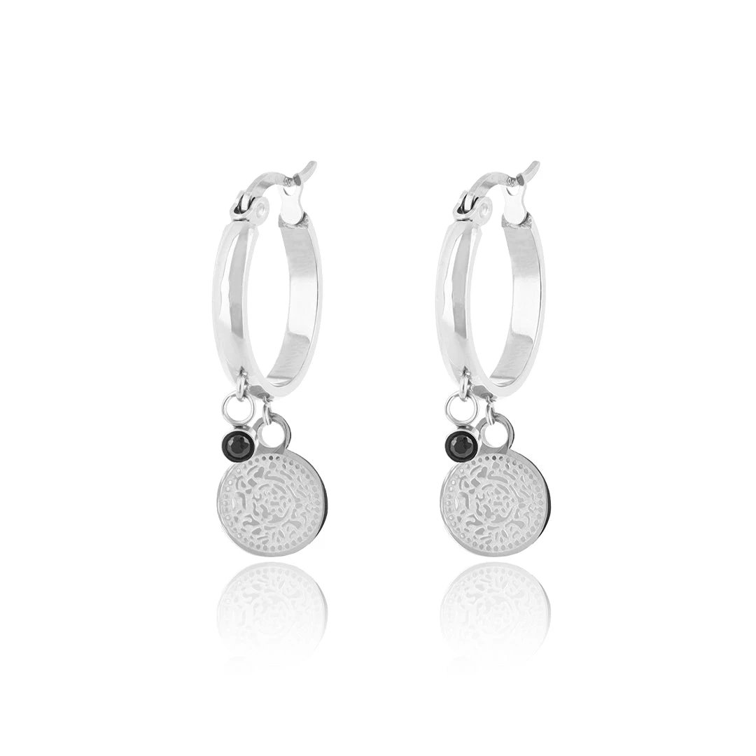 Silver Hoop Earrings With Coin Charm 3 Silver Hoop Earrings With Coin Charm