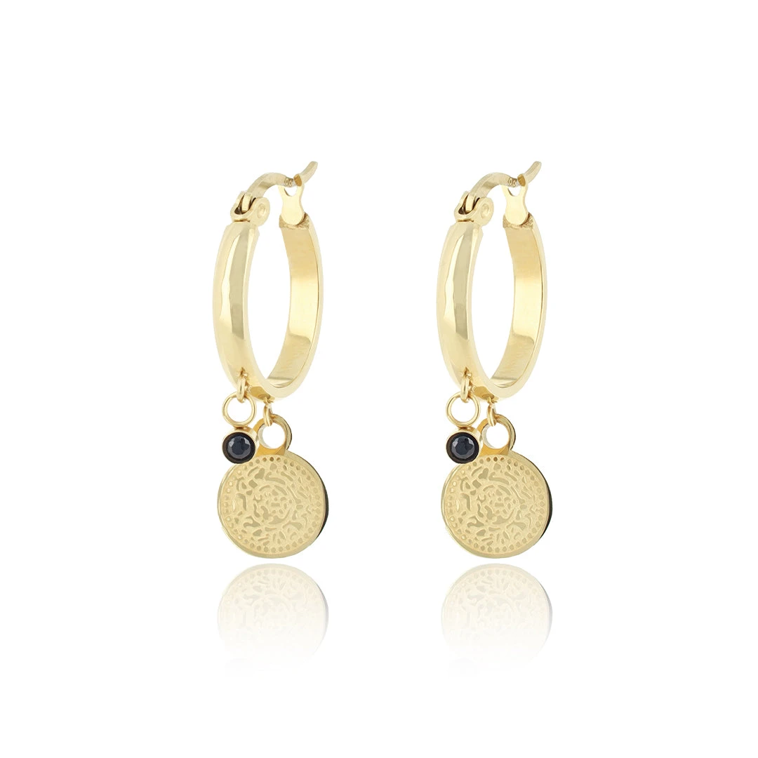 Gold Hoop Earrings With Coin Charm 3 Gold Hoop Earrings With Coin Charm