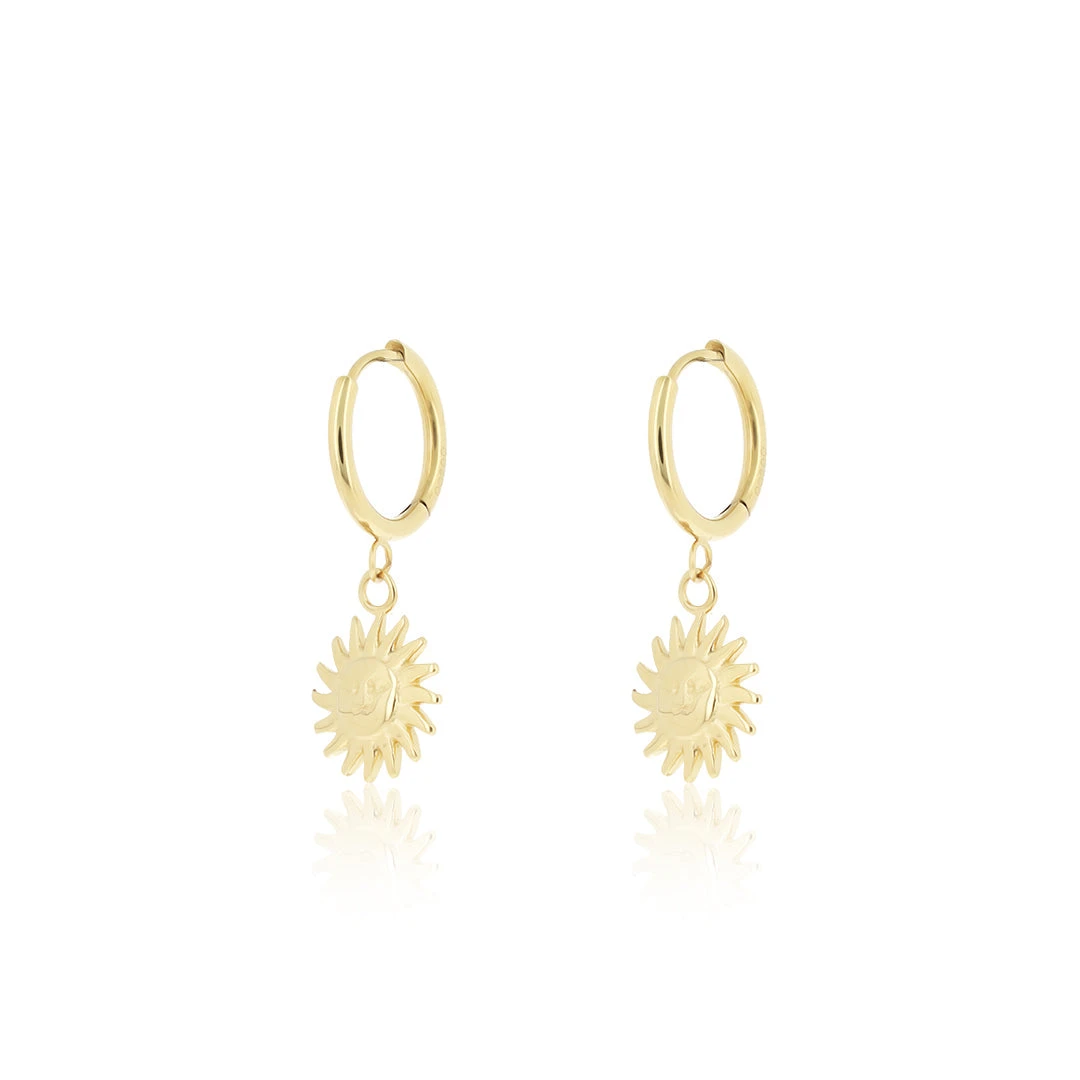 Gold Hoop Earrings With Sun Charm 3 Gold Hoop Earrings With Sun Charm