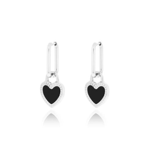 Silver Earrings With Black Or White Heart Charm 3 Silver Earrings With Black Or White Heart Charm