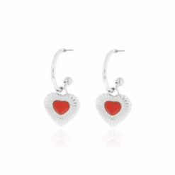 Silver Earrings With Red Heart Charm