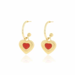 Oozoo 42 Gold Earrings With Red Heart Charm