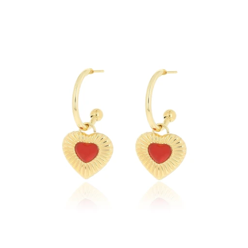 Gold Earrings With Red Heart Charm 3 Gold Earrings With Red Heart Charm