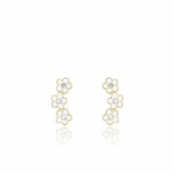 Gold Stud Earrings With Strass Flowers