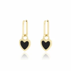 Gold Earrings With Black Or White Heart Charm